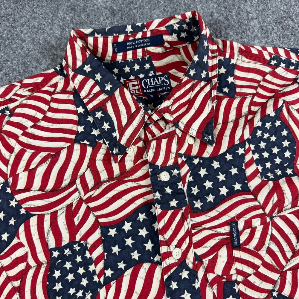 Vintage Ralph Lauren Chaps Button Down Shirt Mens XL American Flag AOP 90s